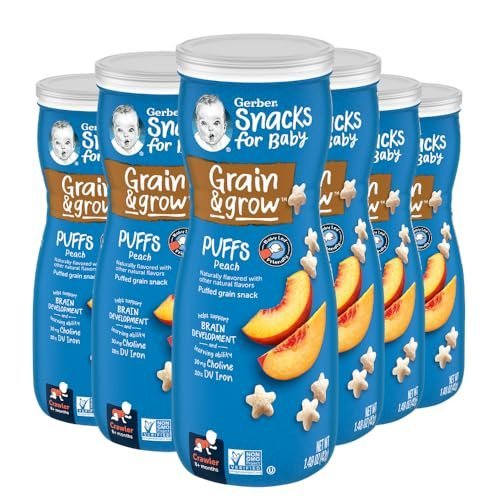 (6 Canisters) Gerber Puffs Peach, 1.48 oz. Puffs pink