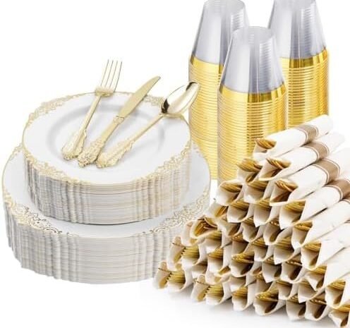 350PCS Gold Plastic Plates for 50 Guests